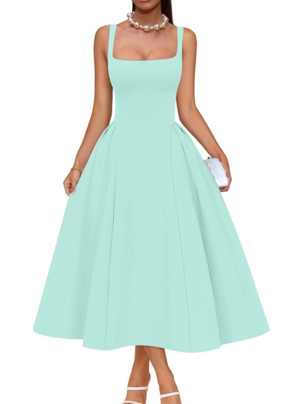 Women's Lake Green Elegant Square Neck Sleeveless Swing A Line Solid Midi Dress